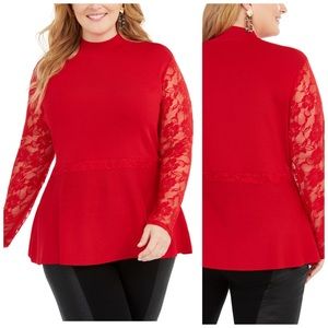 INC Red Lace Trim Peplum Sweater Plus Size 1X